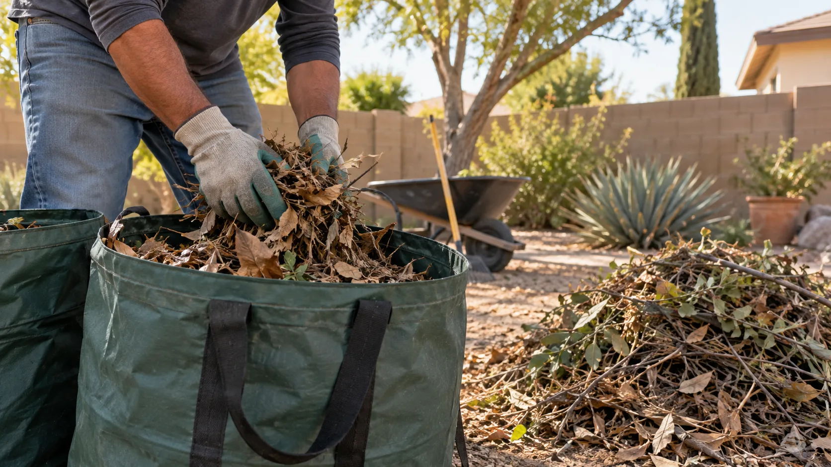 Gloved hands containing leaves and light yard trimmings